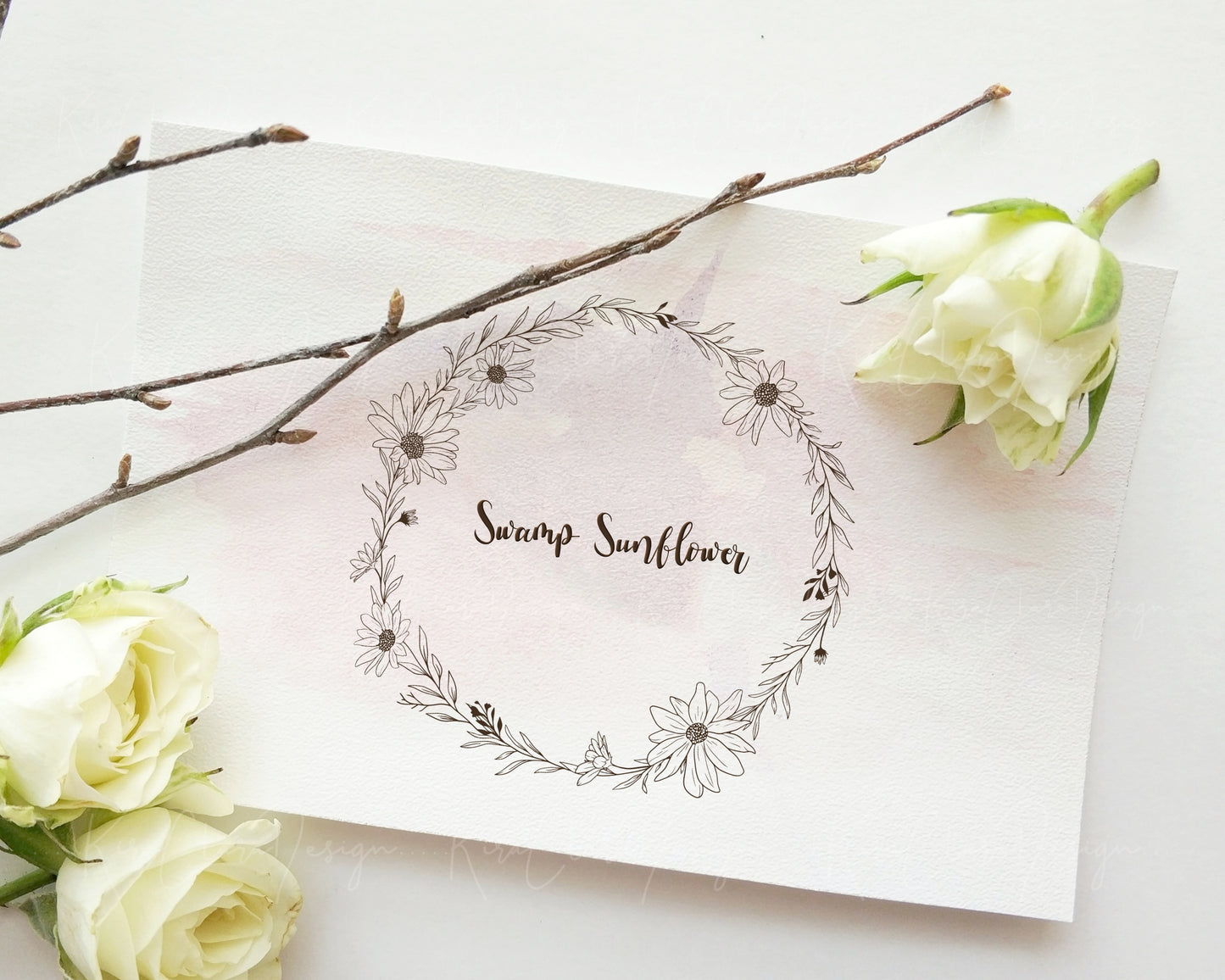 Swamp Sunflower Wreath Clipart Black & White