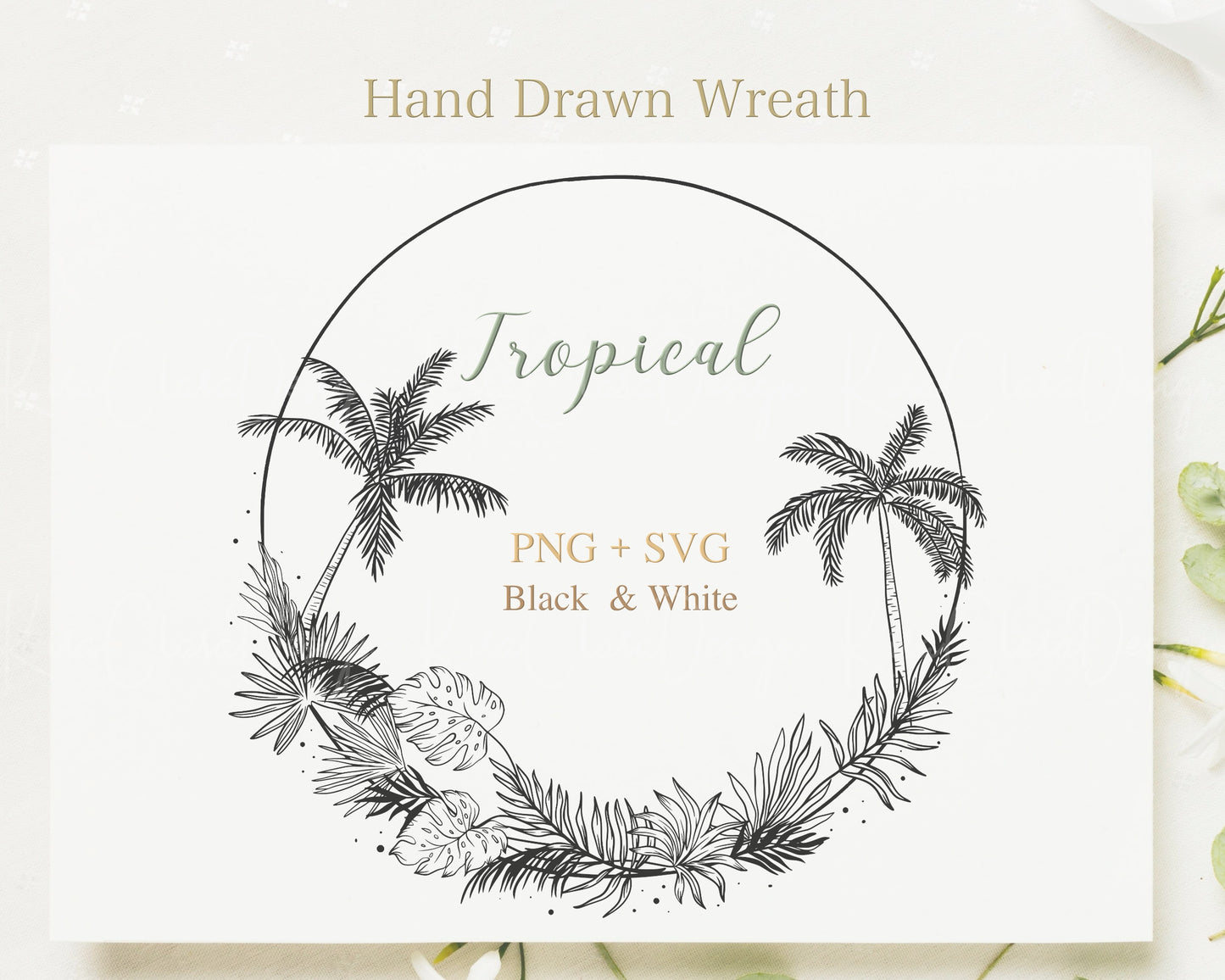 Tropical Leaf Wreath Clipart Black & White