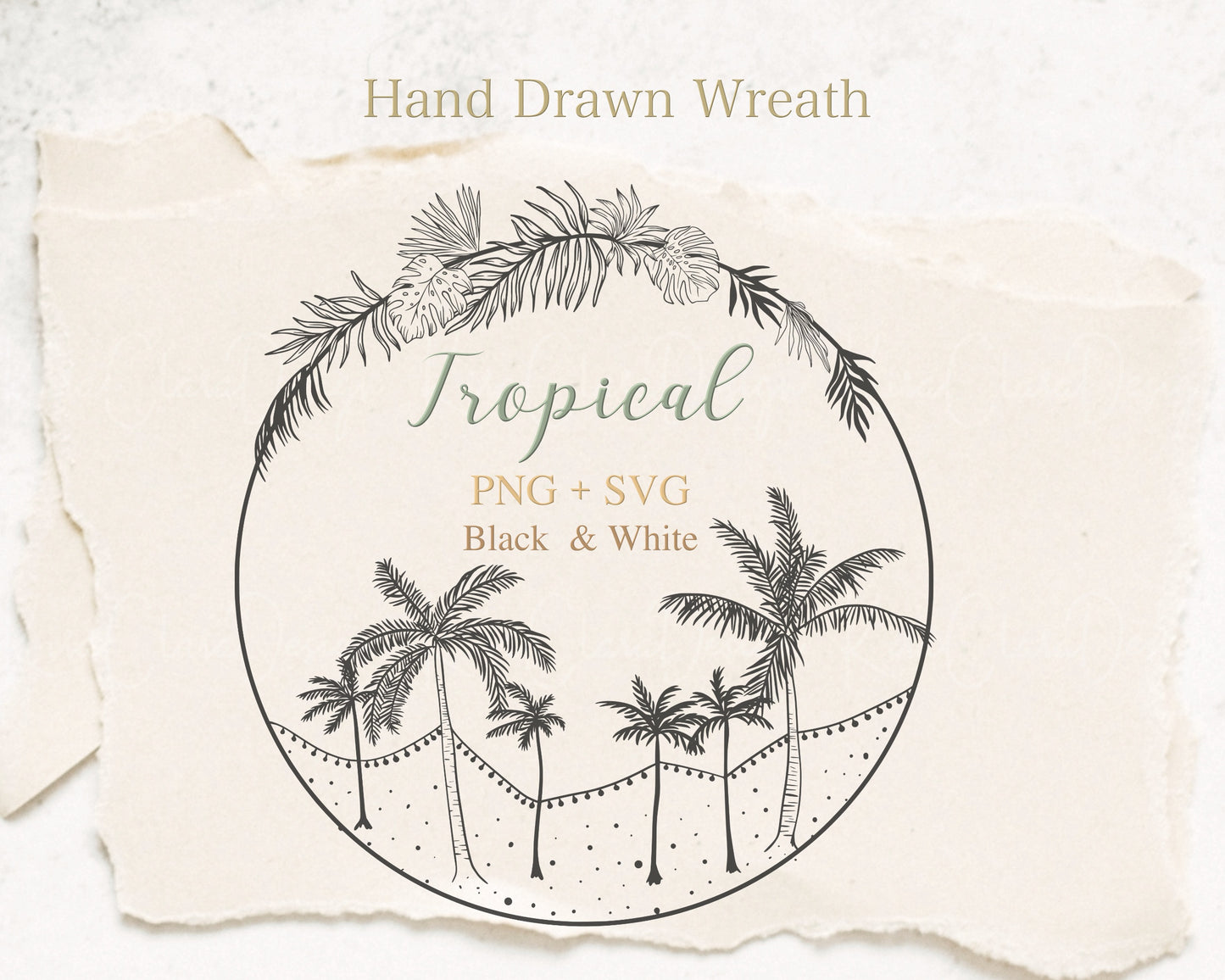 Tropical Leaf Wreath Clipart Black & White