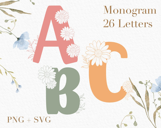 Daisy Floral Monogram Alphabet Clipart SVG