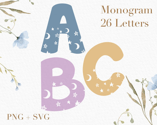 Star & Moon Monogram Alphabet SVG PNG