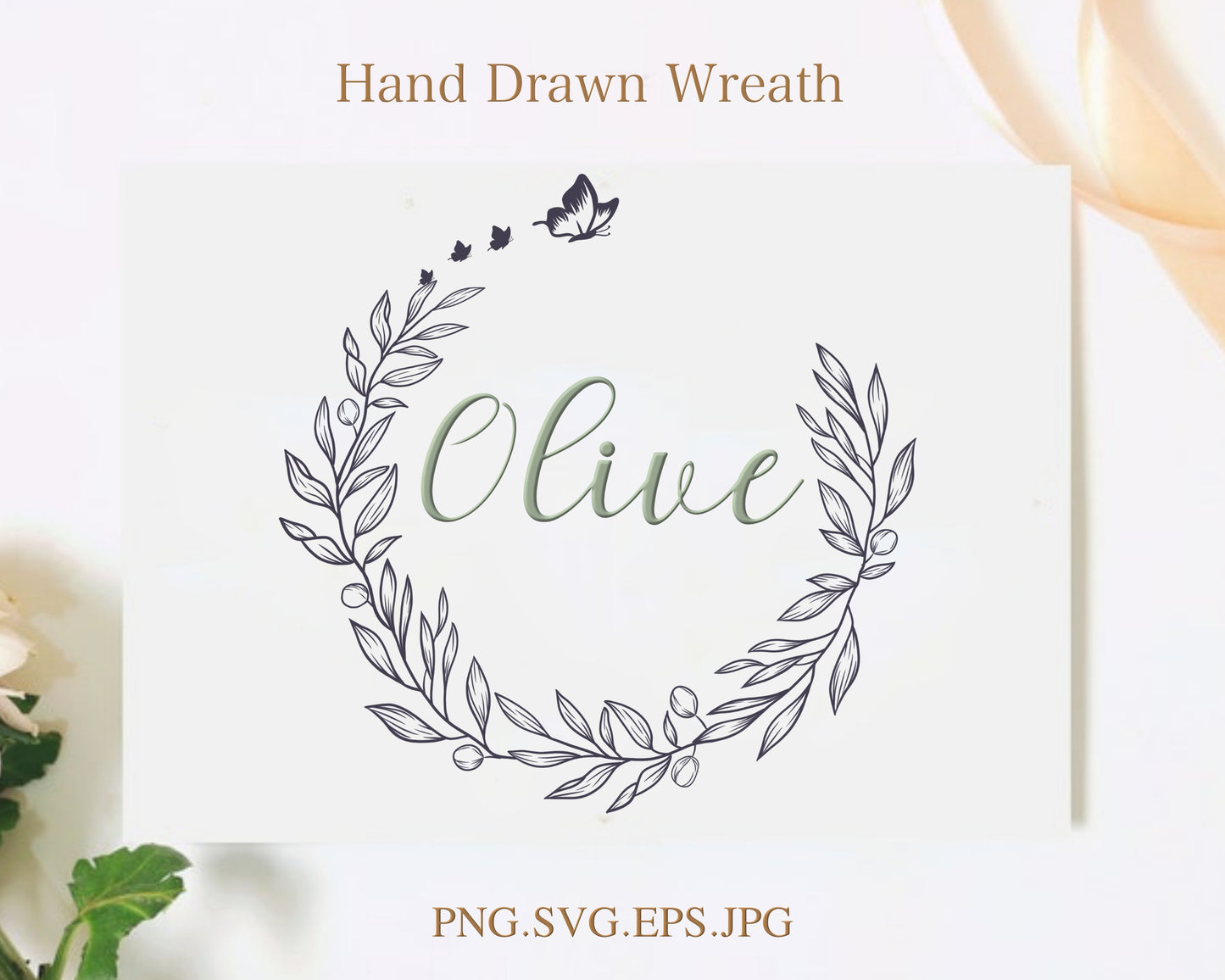 Olive Leaf & Butterfly Wreath Clipart